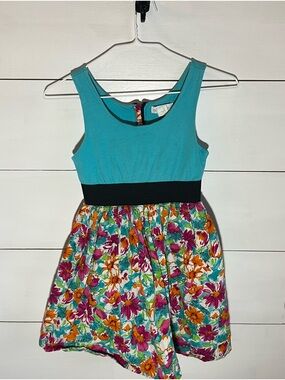 Claire Rose Girls Teal & Floral Sleeveless Dress with Black Waistband